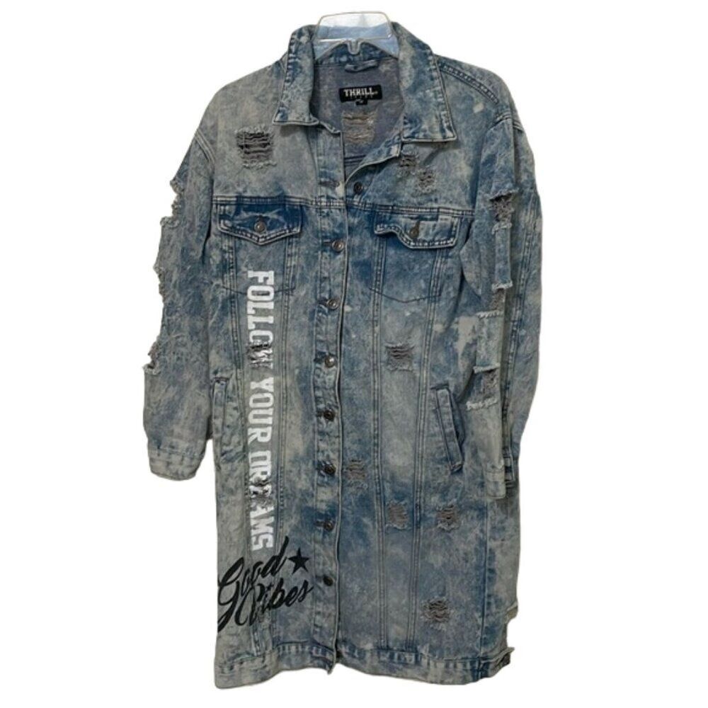 THRILL Acid Wash Denim Duster Jacket Womens Medium Graphic Print Distressed